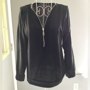Amazon women black long sleeve v neck top shirt with zipper